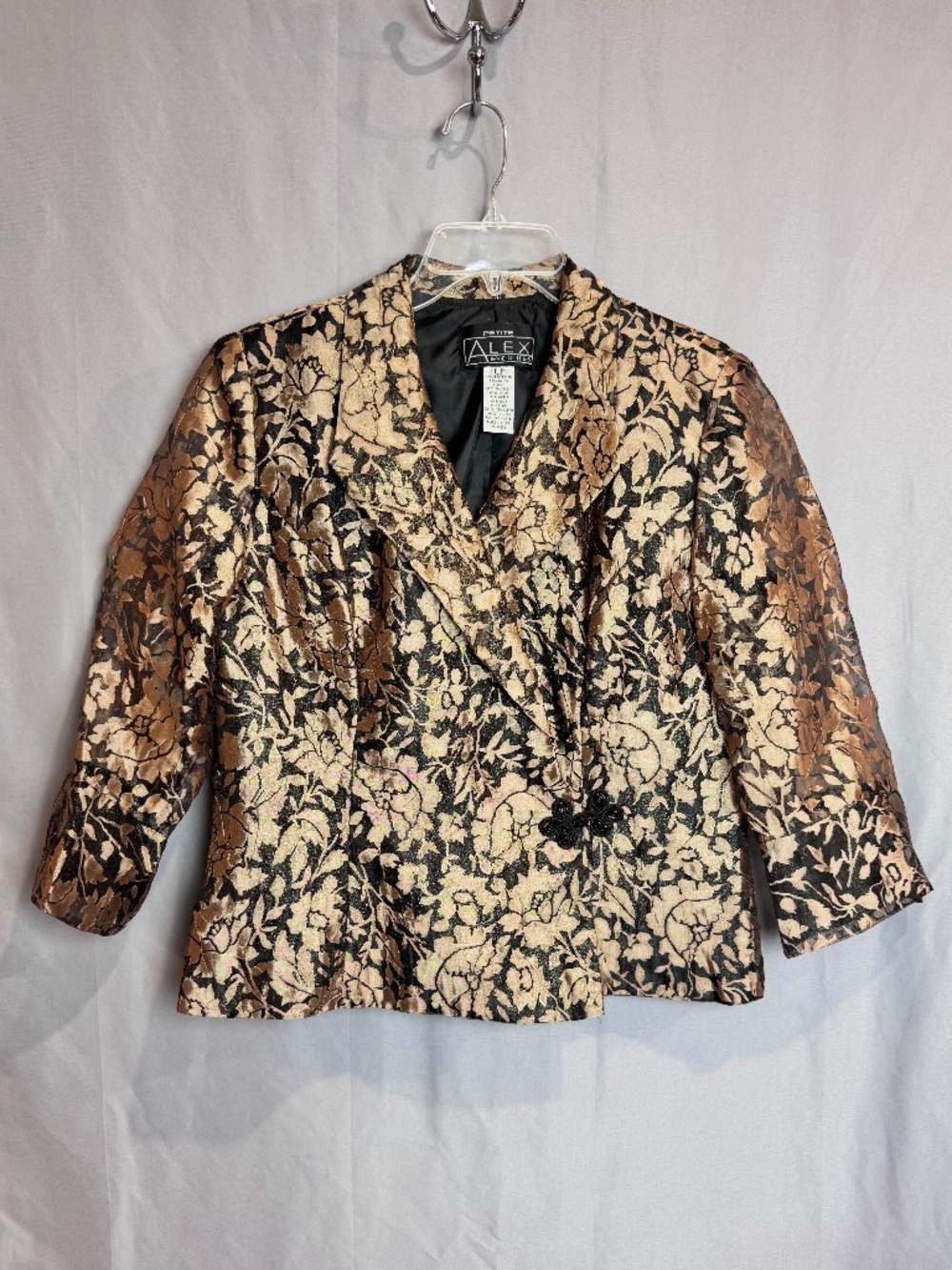 Alex Evenings Petite Gold Metallic Floral Jacquard Jacket Beaded Frog LP EUC